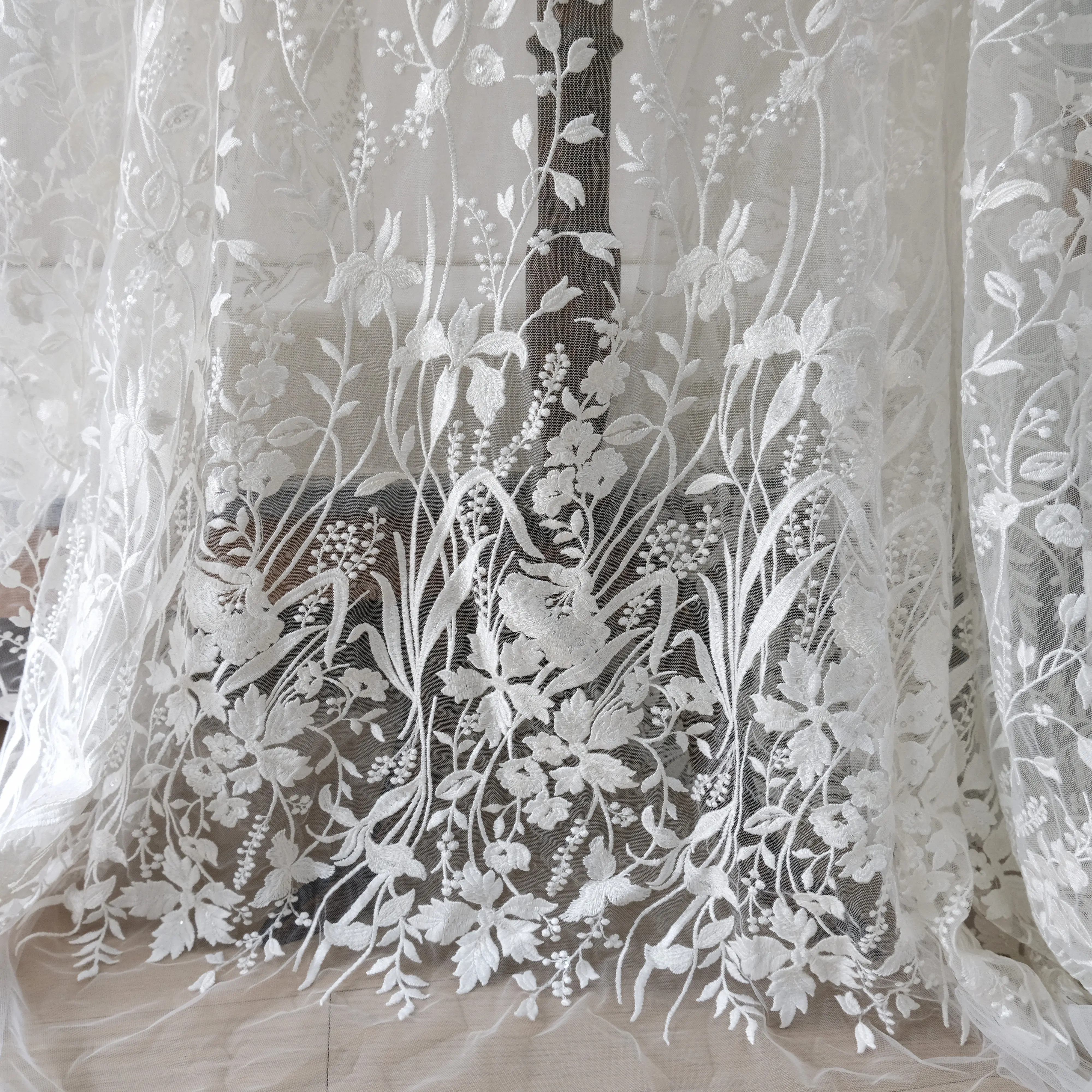 

Thick Laser Floral Embroidered Sequin Lace Fabric Bridal Wedding Dress DIY Flower Costume Curtain Decor Material