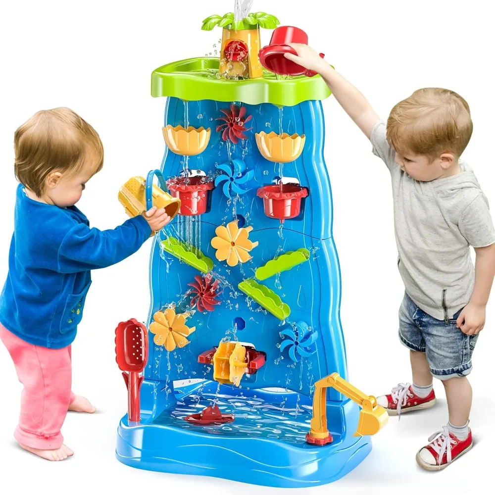 TEMI Kids Waterfall Water Table dla maluchów w wieku 3 4 5 6 7 8 lat, dwustronny stół z piaskiem wodnym dla chłopców i dziewczynek, na zewnątrz