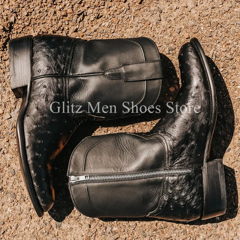 Men\'s Boots Black Animal Print Classical Shoes Genuine Leather Zipper Vintage Handmade Worker Winter Short Ankle Booties For Men