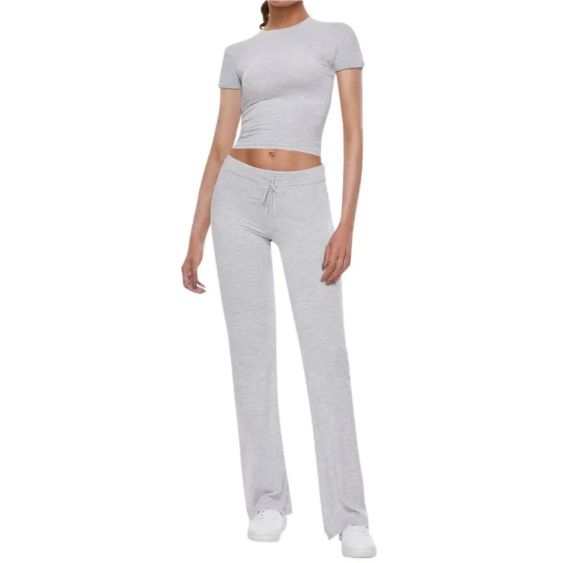 Women's Yoga Suit Round Neck Long Sleeved Crop Top T-shirt And Low Waist Straight Leg Pants Sportswear Slim Fit Two-piece Set