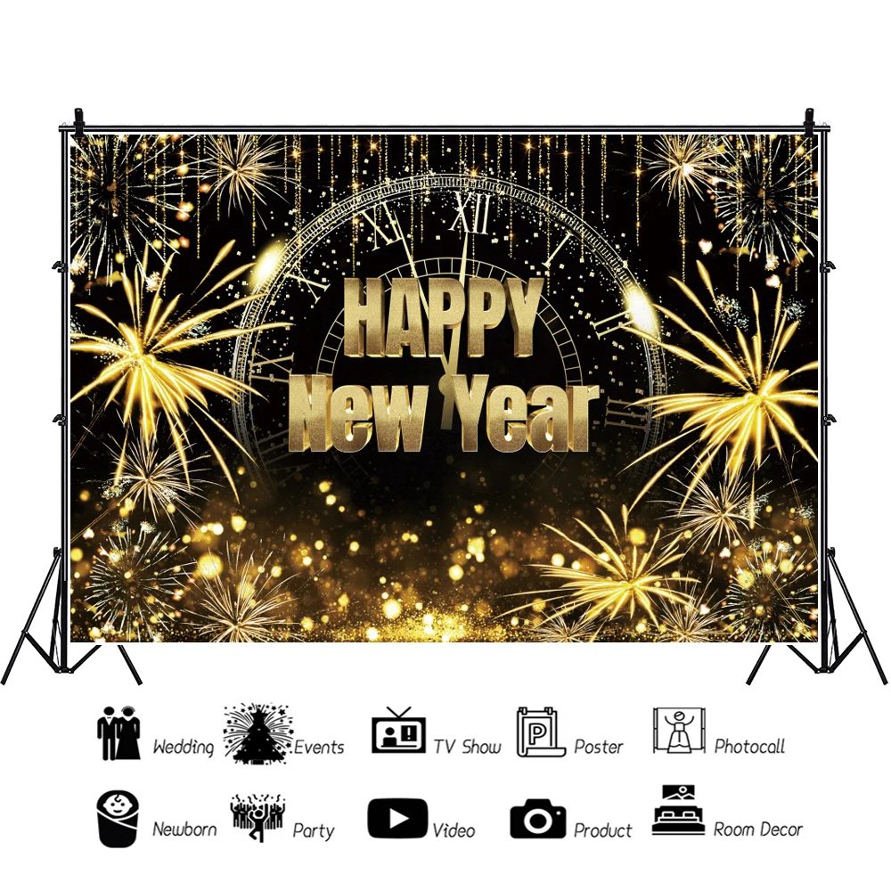 Happy New Year For 2024 Fireworks Photography Backdrop Gold Glitter Family Party Decoration Photographic Background Photo Props