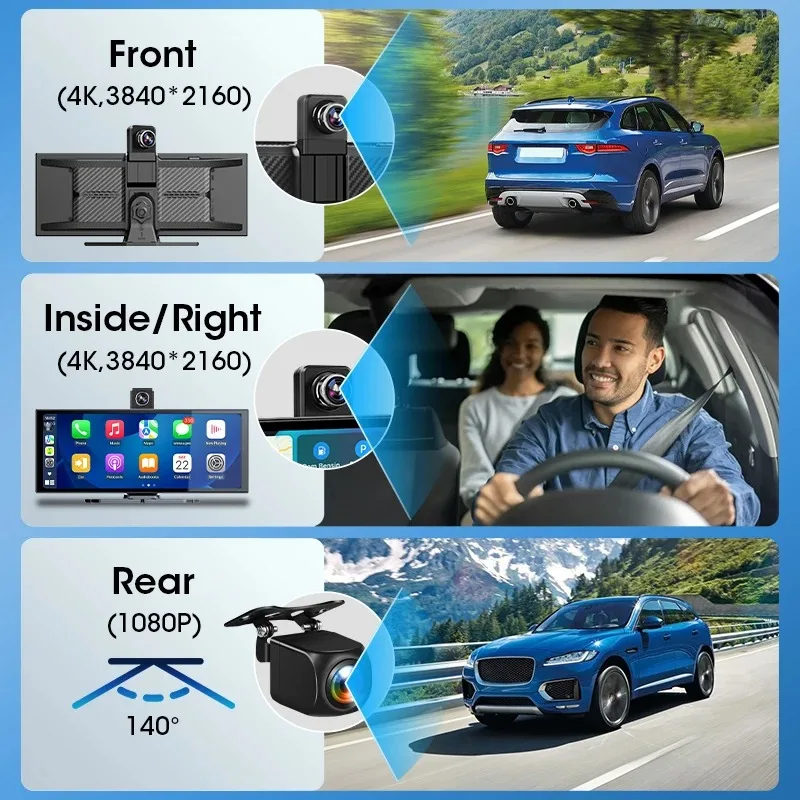 10.26 Inch 4K Dash Cam Carplay Android Auto GPS WIFI FM BT Car Dvr 350° Rotation Dual Lens Dashcam Truck Camera Drive Recorder