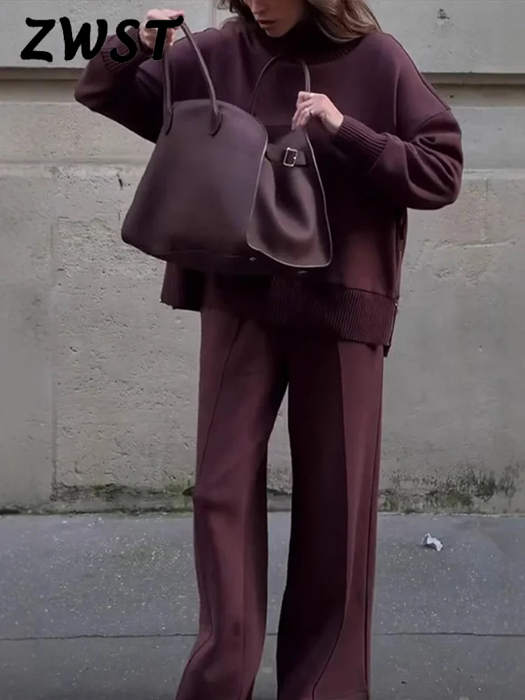 

Вязаный однотонный женский свитер с высокой талией, широкие женские брюки, комплекты 2025, элегантный повседневный свободный женский пуловер с высоким воротником