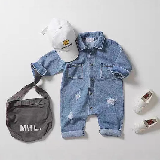 Korean for Infants and Young Children Spring and Autumn Fashionable and Stylish Denim Jumpsuit Long Sleeved Ripped Long Rompers