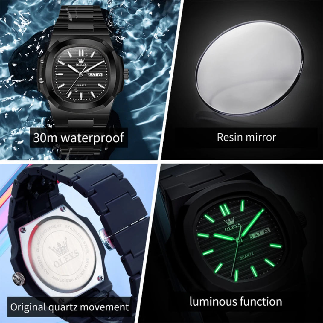 OLEVS 5627 Fashion Quartz Watch Gift Resin Watchband Square-dial Wristwatch Week Display Calendar