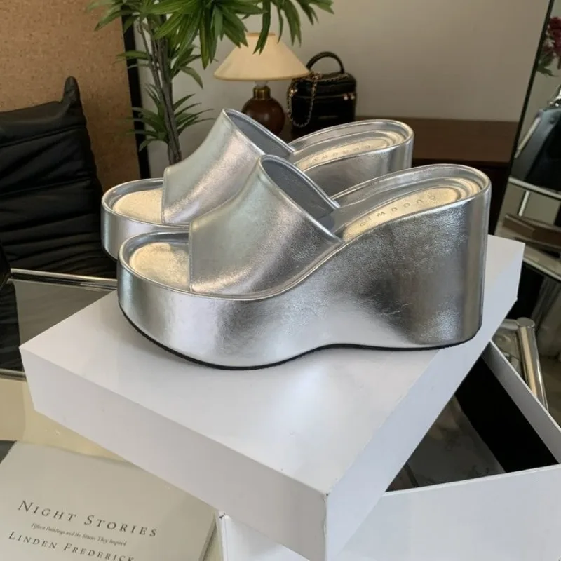 Style Women's Sandals Casual Summer Fashion Silver Wedges Shoes 5cm-8cm High Platform Sandals 2024