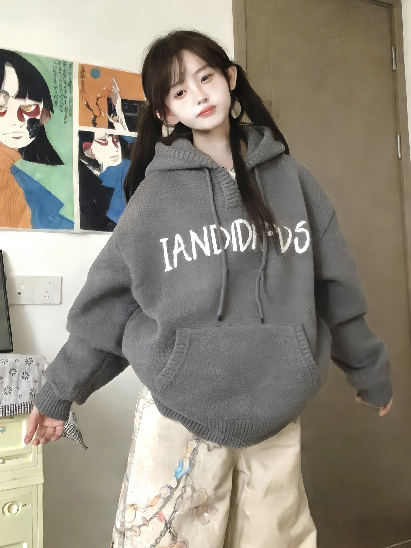 

Retro American Hooded Knitwear Women's Spring Faion Letter Embroidery Loose Couple College Sle Top Trendy Long Sve