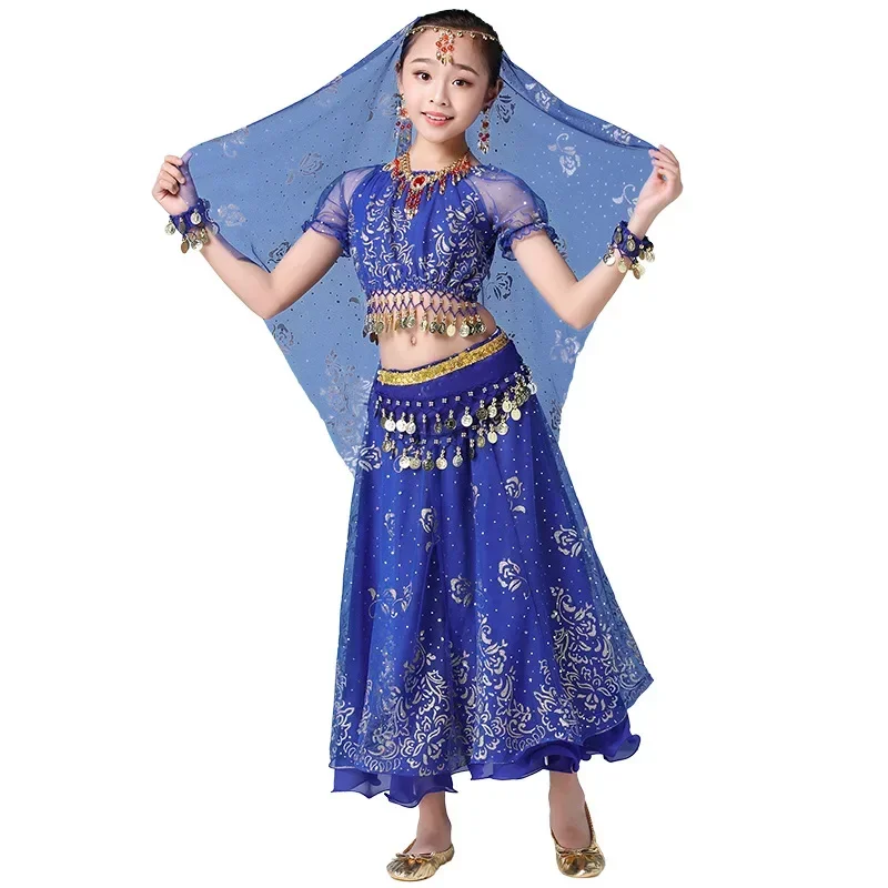 Set di danza del ventre da principessa per bambini India danza indiana orientale Sari ragazza costume da spettacolo del ventre Bollywood vestito da palcoscenico per bambini