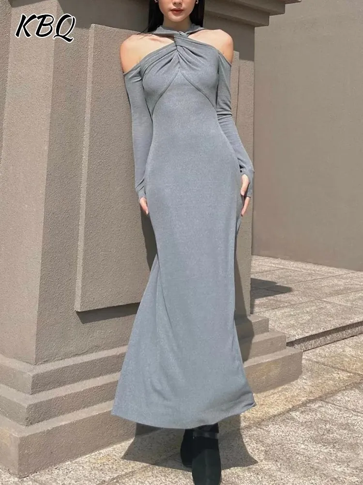 

KBQ Slimming Folds A Line Elegant Dress For Women V Neck Long Sleeve Off Shoulder High Waist Spliced Zipper Solid Dresses Female