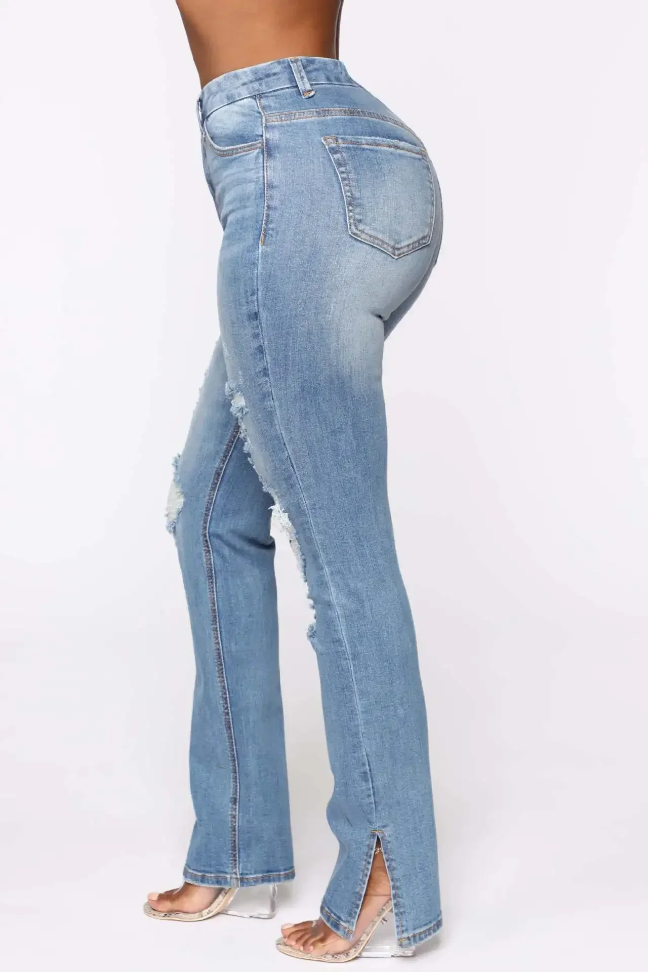 Frauen Jeans Bleistift hose Slim Fit flache Reiß verschluss Fliegen löcher Taschen hohe Taille knöchel lange einfarbige Streetwear sexy 2024