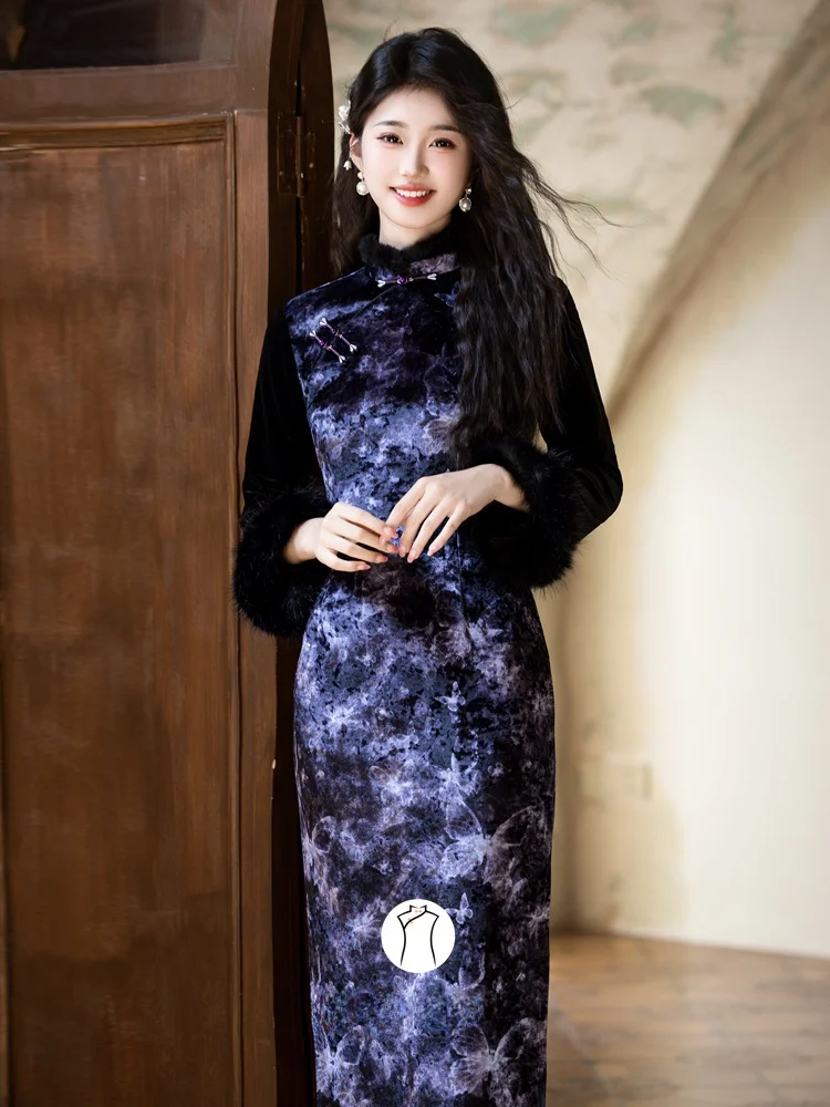 

Элегантное бархатное платье-футляр с цветочным принтом, утепленное, зимнее, 2025, модное, в китайском стиле, с длинным рукавом