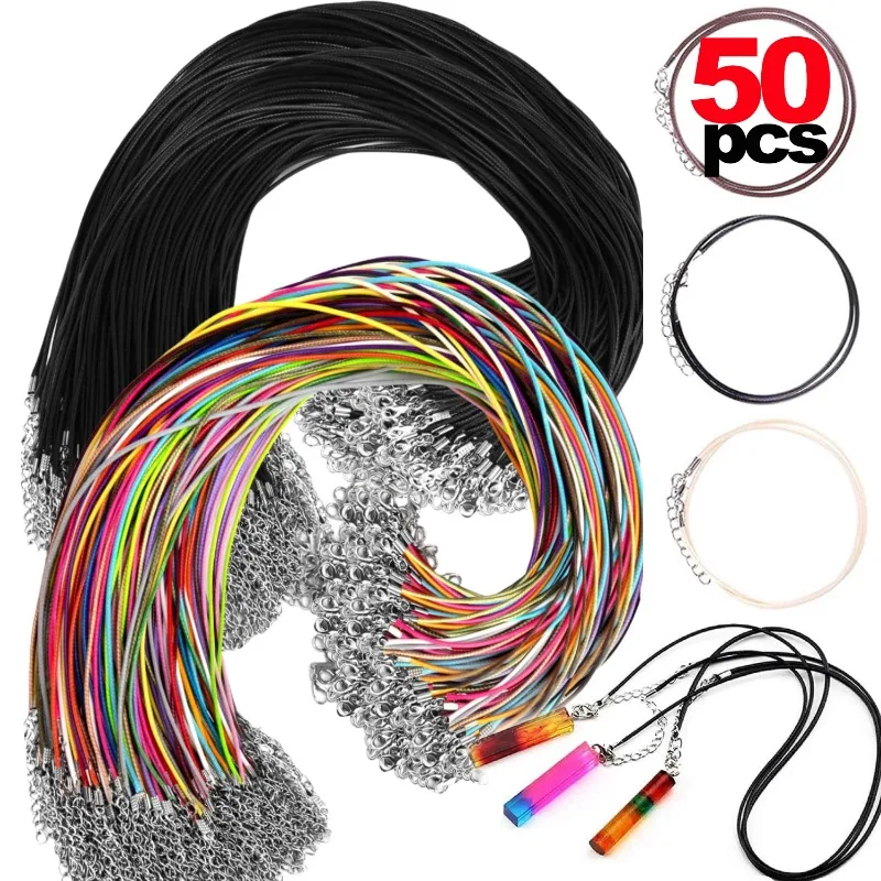 10/50pcs Colorful Leather Waxed thread Rope Chain Cord Necklace Pendant For DIY Handmade Lobster Clasp String Jewelry Crafts