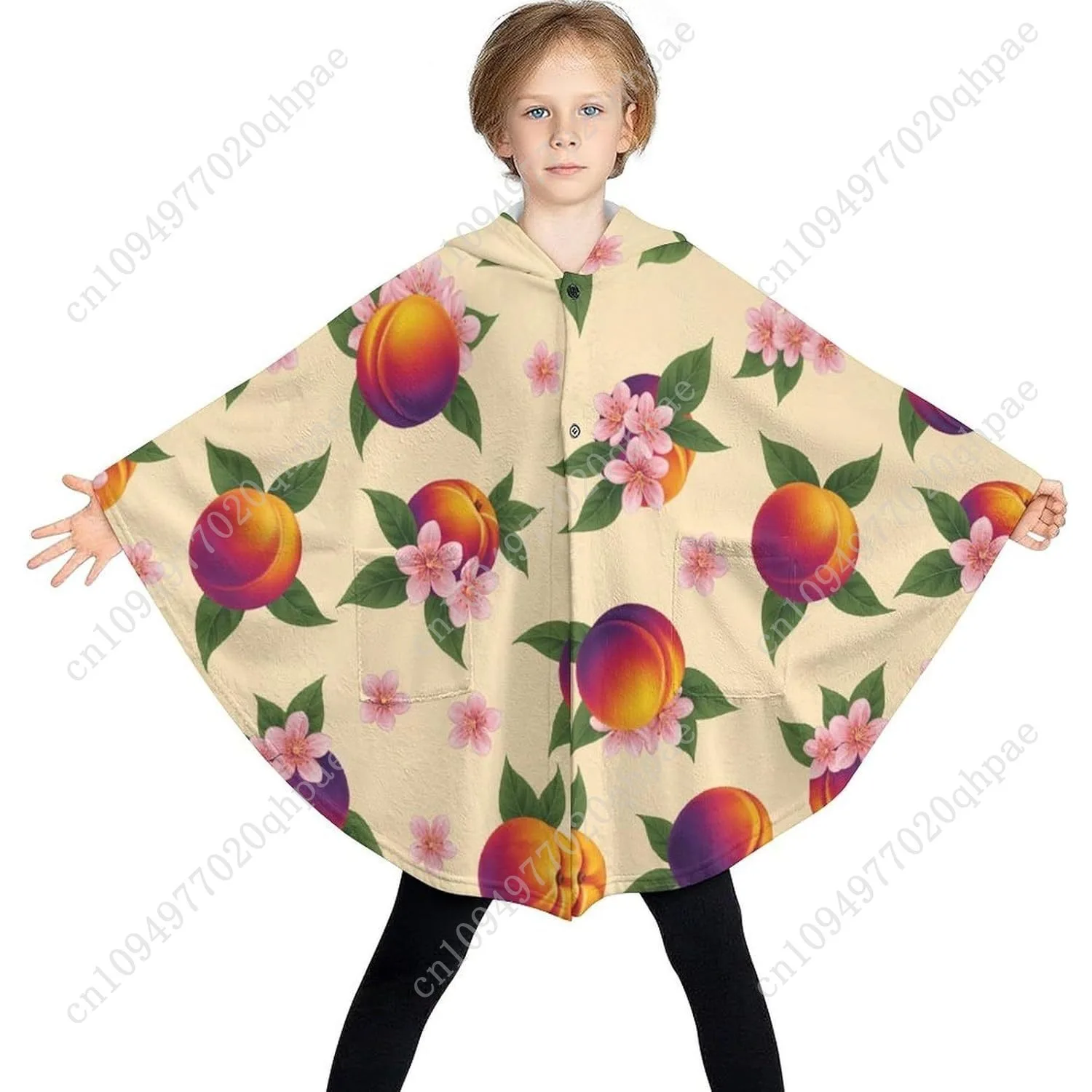 Comodo maglione coperta in flanella, felpa con cappuccio oversize con motivo floreale a frutta con tasche per bambini e adolescenti