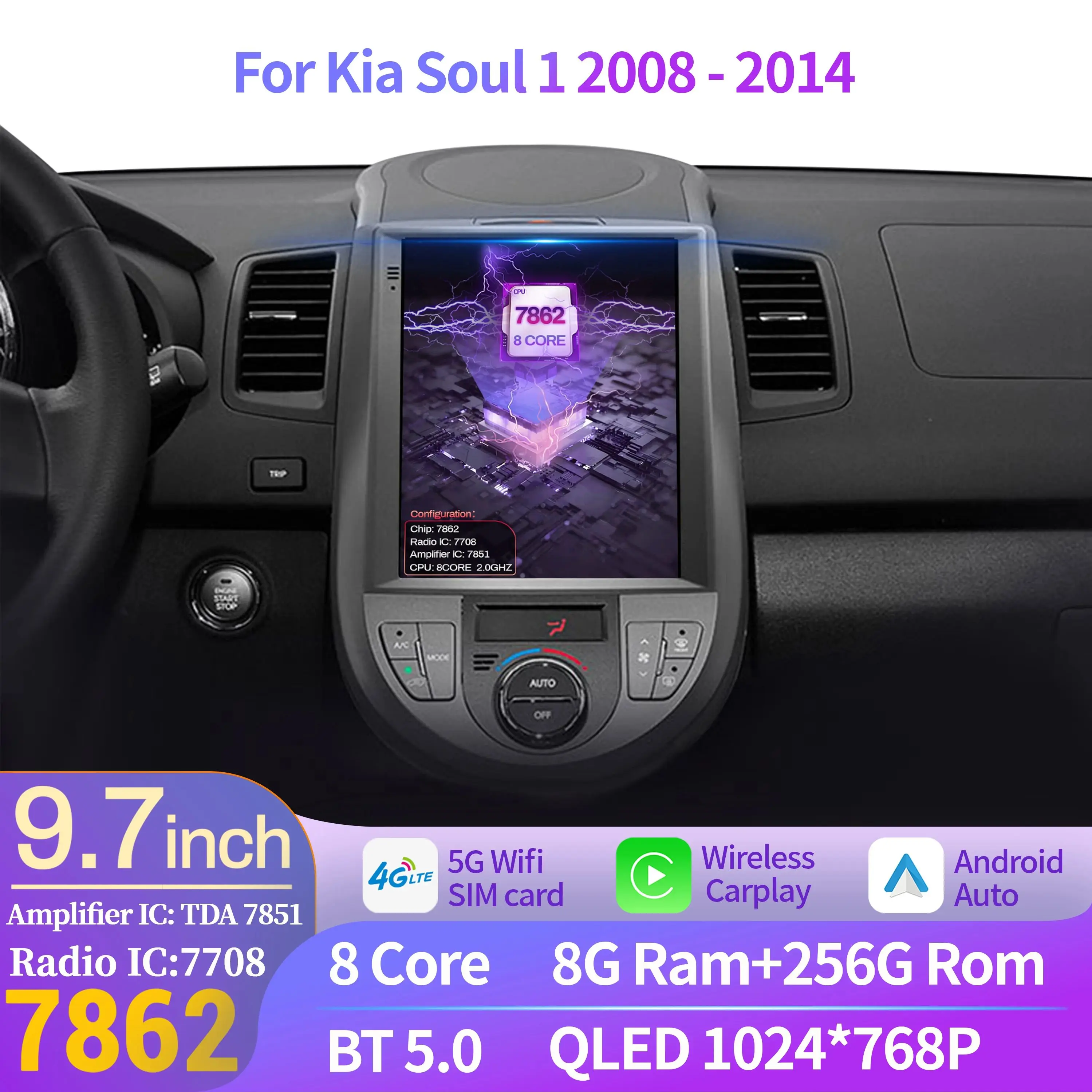 9.7 inch For Kia Soul 1 2008-2014 Car Radio Wireless Bluetooth CarPlay Android 14 Navigation Multimedia Head Unit QLED Screen