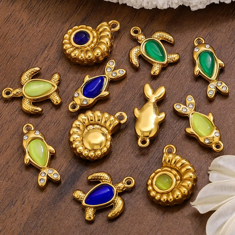 

2PCS Stainless Steel Cat's Eye Stone Charms Gold Plated Fish Turtle Pendant for Jewelry Accessories Diy Necklace Bracelet Making