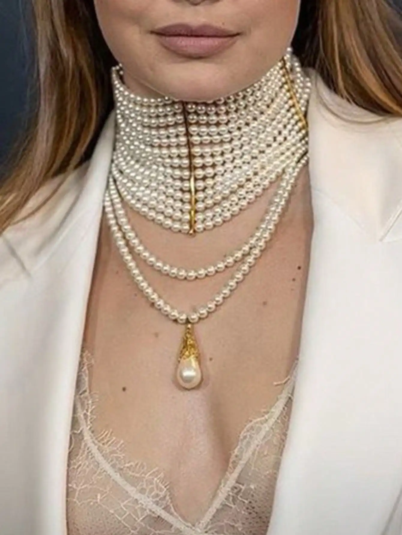 1pc Layered Faux Pearl Necklace, Fashion Luxury Faux Pearl Multi-Color Multilayer Teardrop Tassel Necklace For Daily Wear, Party, Gift