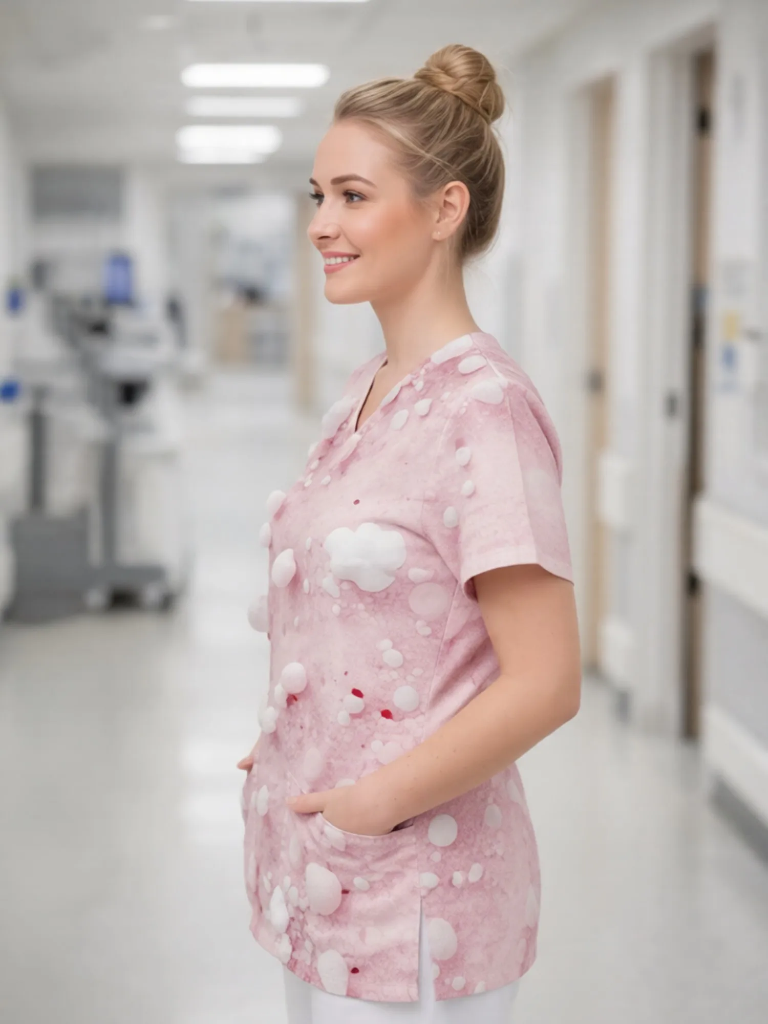 Womens Gentle V Neck Scrub Top Short Sleeve Sweet Print Easy Pockets Comfort Fit Medical Tunic For Nursing Shifts Clean Workwear