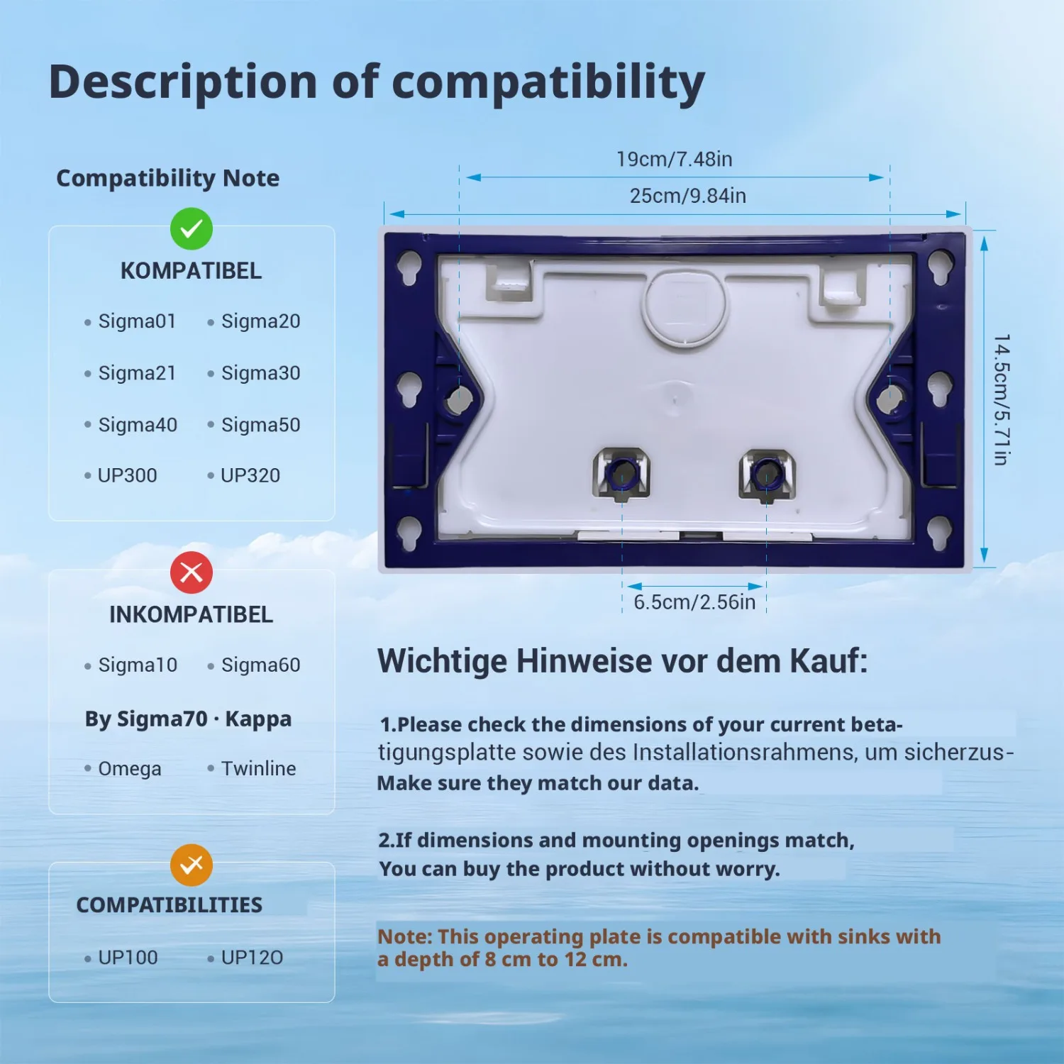 Dual Flush Button Plate Compatible with Geberit Sigma 01 20 30 UP300 & UP320 Series Black Panel with Concealed Toilet Tank Parts