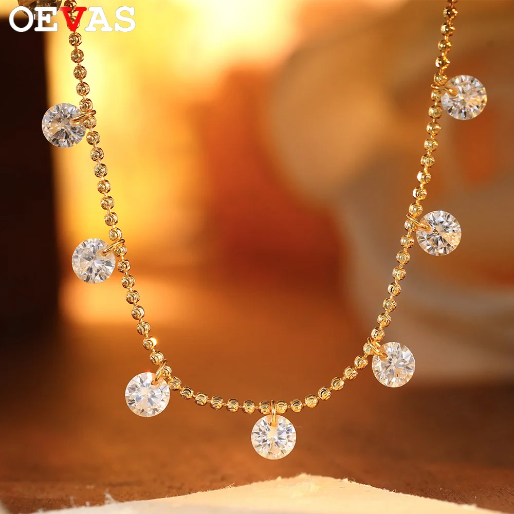 OEVAS 6cttw Round Moissanite Necklaces for Women S925 Silver Plated 18K Gold Waterdrop Lab Diamond Beads Chain Fine Jewelry Gift