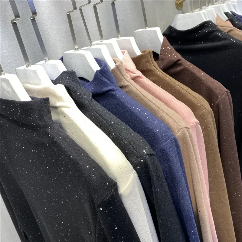 Mulheres manga longa gola alta básica topos feminino outono roupas 2025 outono pullovers camisola coreano inverno nova blusa quente brilhante