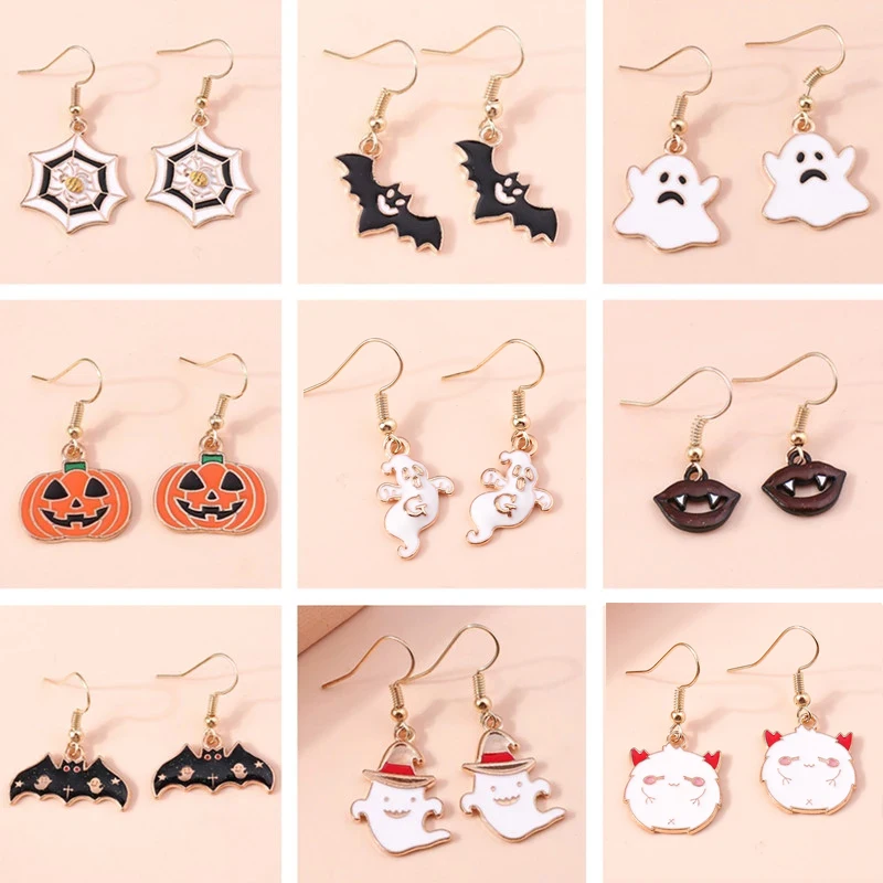 Cartoon Halloween Styles Drop Earrings for Women Enamel Pumpkin Ghost Bat Pendants Dangle Earrings Girls Party Jewelry Gifts