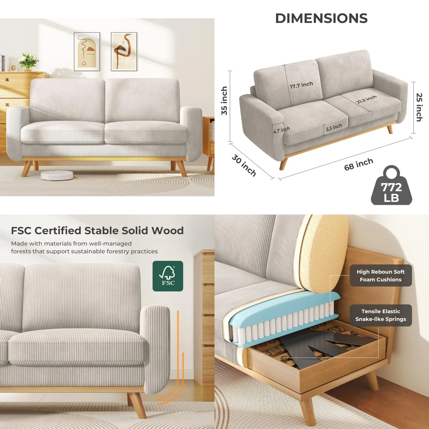 

68" Loveseat Corduroy Spring Cushion Solid Wood Deep Seat Bedroom Living Room Office, Customized