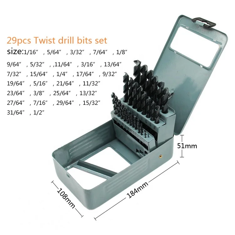 29 PCS Inch Jobber Length Fully Ground HSS Twist Drill Bit Set for Metal Stainless Steel Aluminium Drilling,In Metal Box view 2