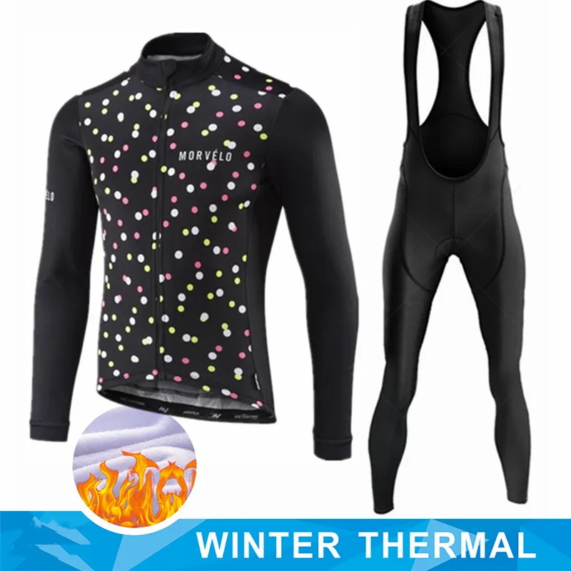 MORVELO Winter Thermal Fleece Long Sleeve Cycling Jersey Set Bib Pants Ropa Ciclismo Bicycle Clothing MTB Bike Men Pro Team Suit view 5