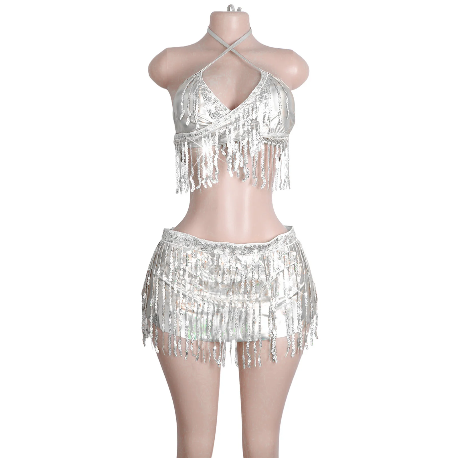 Sequined Golden Tassels Stripes Sexy Lingerie Set Performance Wear Erotic Clubwear Women Outfits Adjustable Straps Dancewear