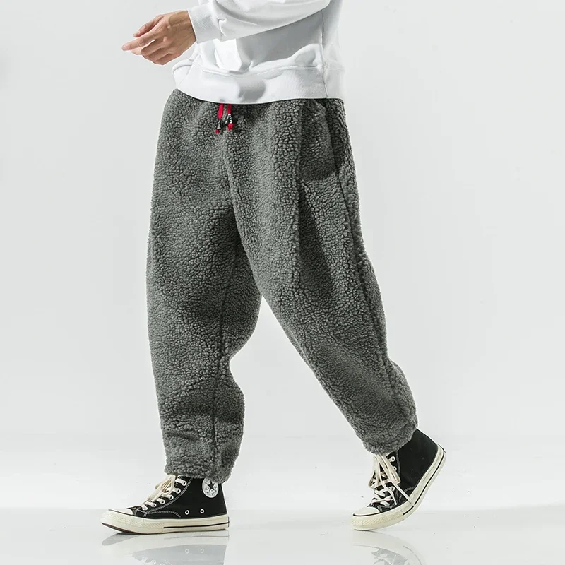 

LIBIELIY Winter Men's Lamb Wool Casual Pants Fleece Warm Elastic Waist Sweatpants Solid Thick Harem Pants Male Vintage Joggers T