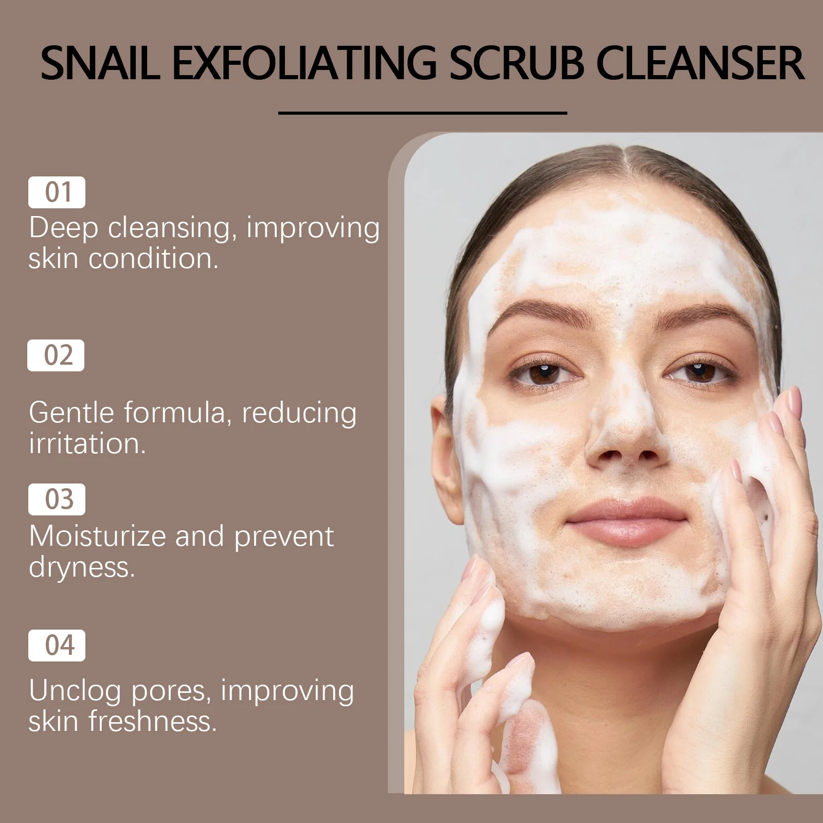 Snail Exfoliating Scrub Cleanser ประกอบด้วย Snail Mucin ทําความสะอาดผิวอย่างอ่อนโยน เพิ่มความกระจ่างใส ลบแต่งหน้า บํารุงผิวล้างหน้าได้อย่างมีประสิทธิภาพ