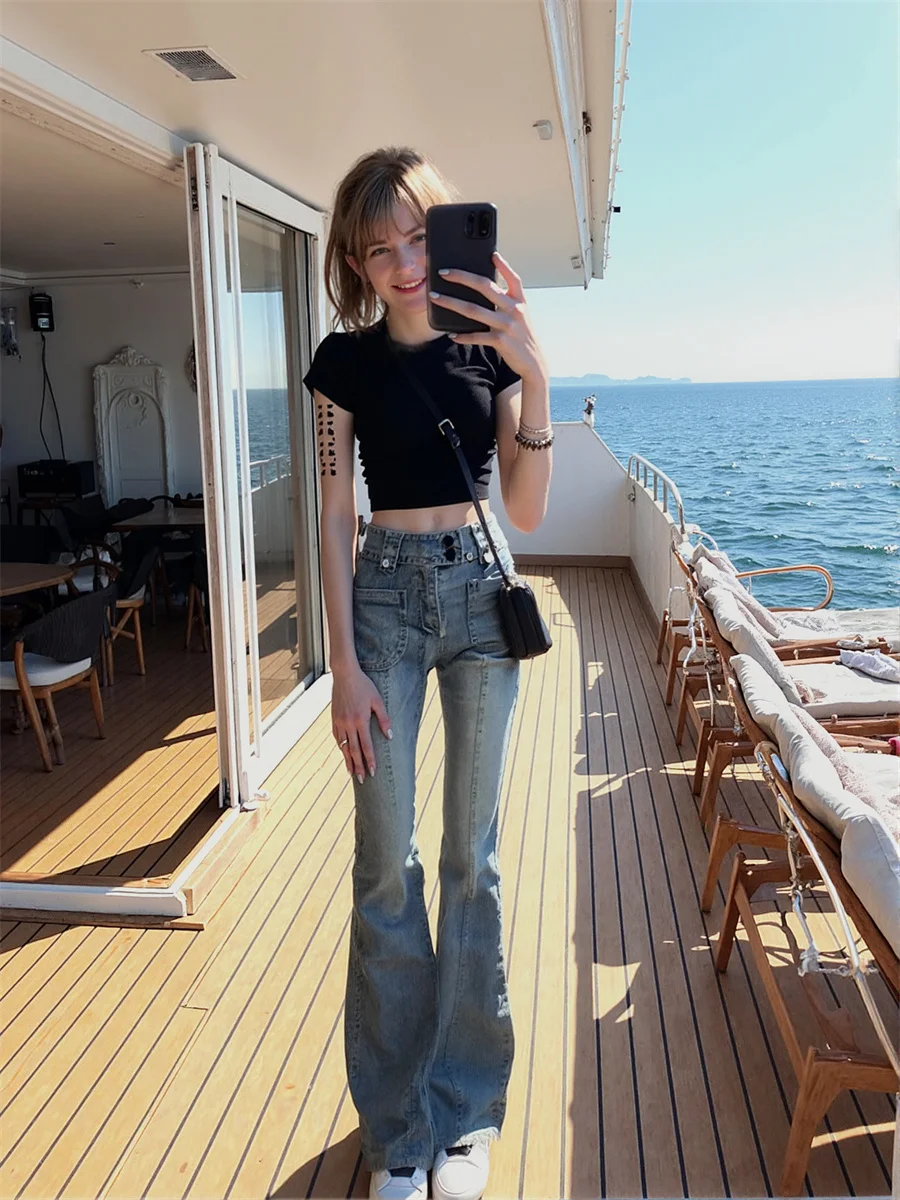 

Расклешенные узкие джинсы в пол, женские прямые джинсы с высокой талией, укороченные микро-расклешенные лоскутные плиссированные джинсы в европейском стиле