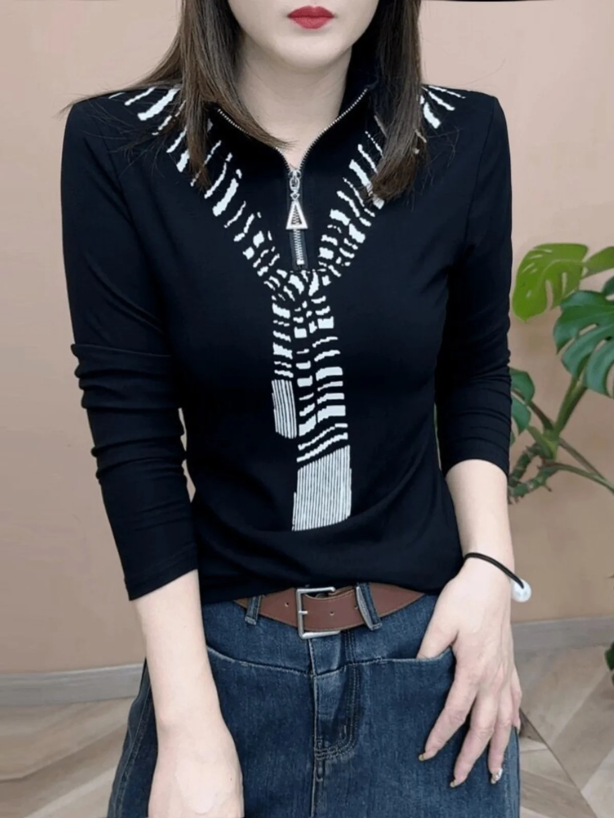 

Модная повседневная женская футболка с длинным рукавом и воротником-стойкой на молнии до середины груди в корейском стиле для ранней осени