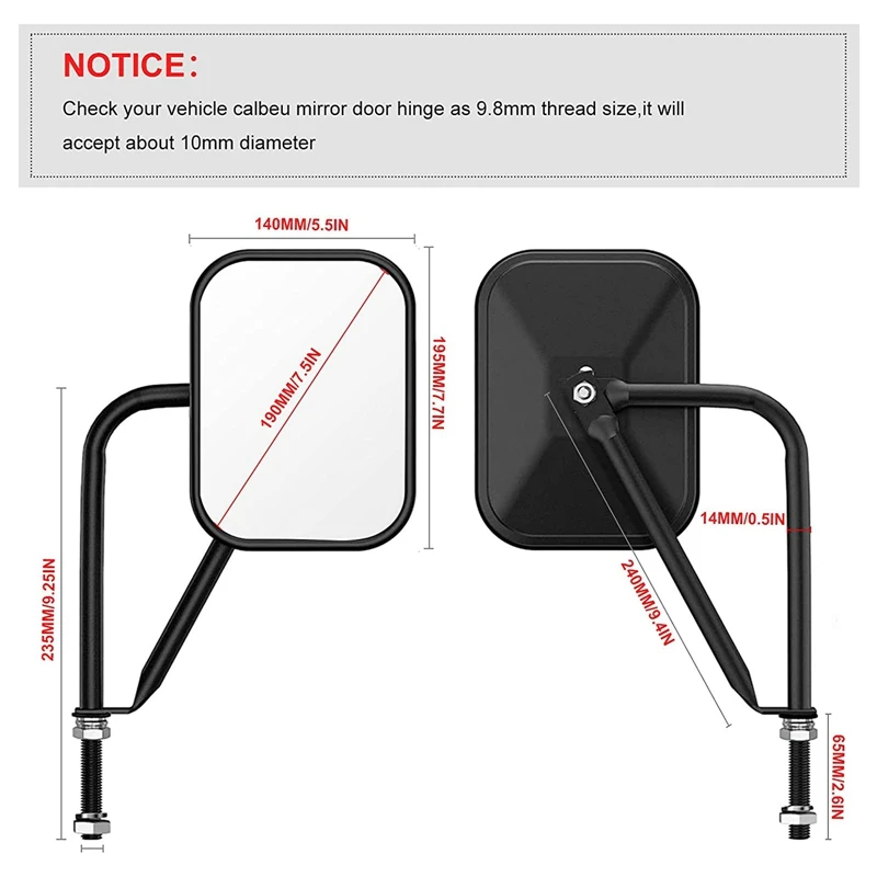 Doors Off Mirrors for Jeep Wrangler CJ YJ TJ JK JL 2018-2023 Wider Rearview Mirrors Square Door Side Hinge Mirror