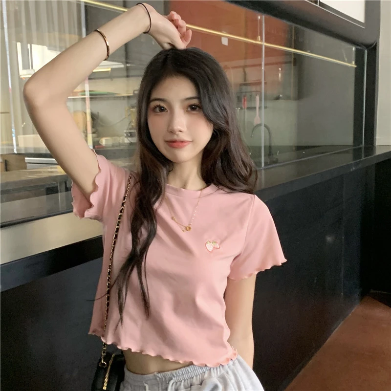 Y2K Strawberry Crop Top Women Embroidery Sexy T-shirt Woman Summer Short Sleeve Tee Shirt Femme Vintage Skinny Tshirt Clothes