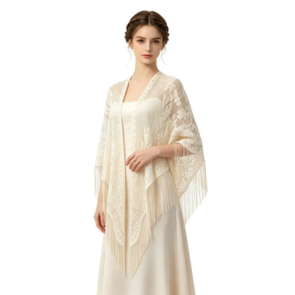 Floral Embroidery Women Lace Scarf With Tassels Transparent Mesh Evening Prom Cape Lightweight Tulle Wedding Bridal Shawl