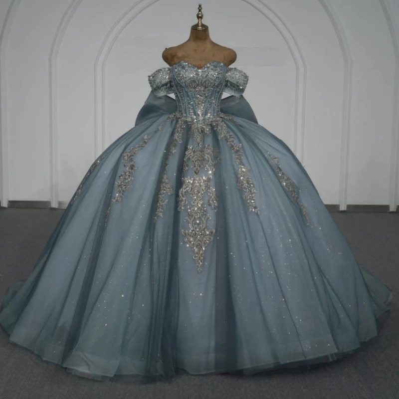 Navy Blue Glitter Quinceanera Dresses Off Shoulder Ball Gown Sweet 16 Dress Applique Lace Beading Crystal Bow Tull Corset Birthd