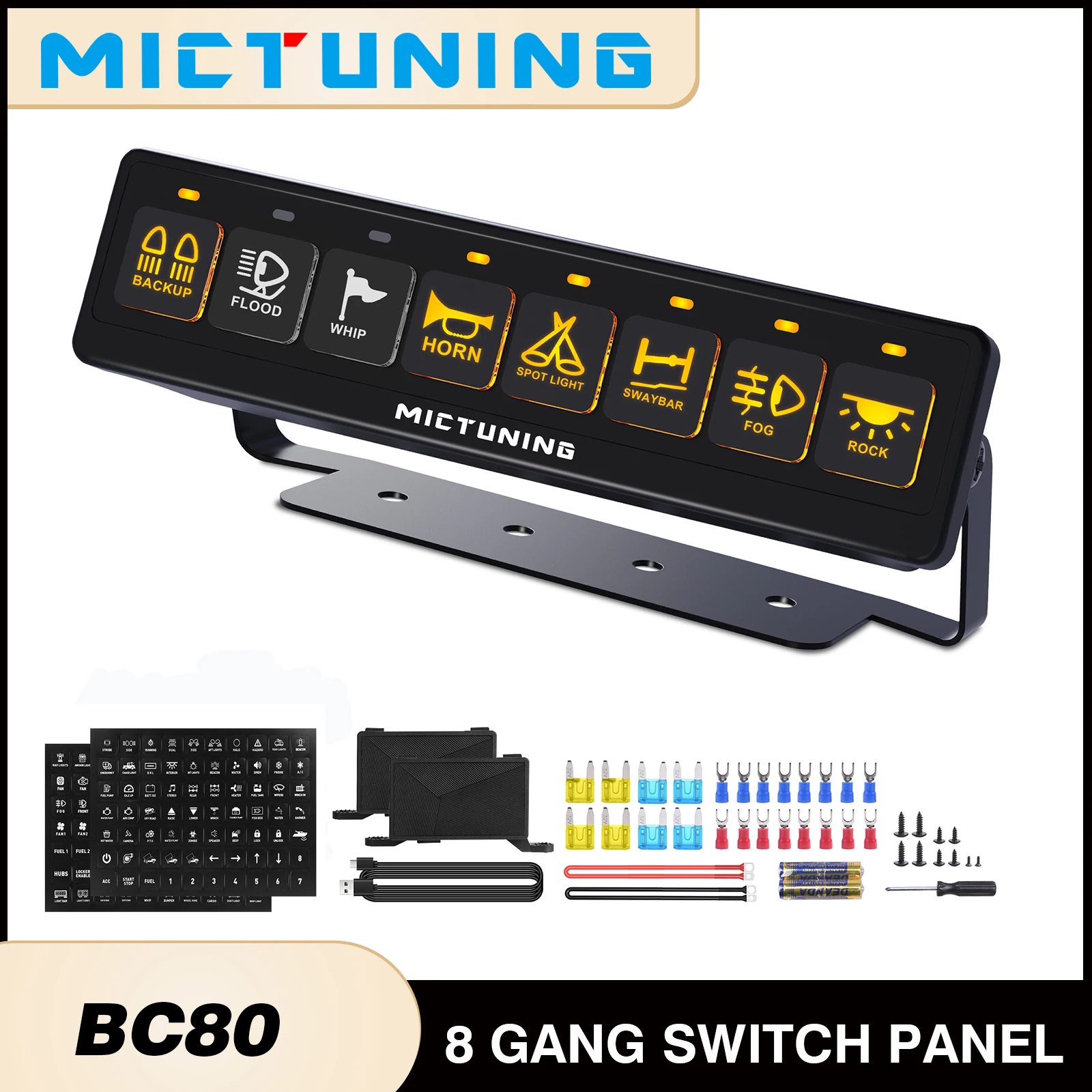 MICTUNING 8 Gang Wireless Switch Panel,Dual Power Hubs,Auxiliary ON-OFF Relays Circuit Box,4 Control Modes 12V 24V For UTV Car