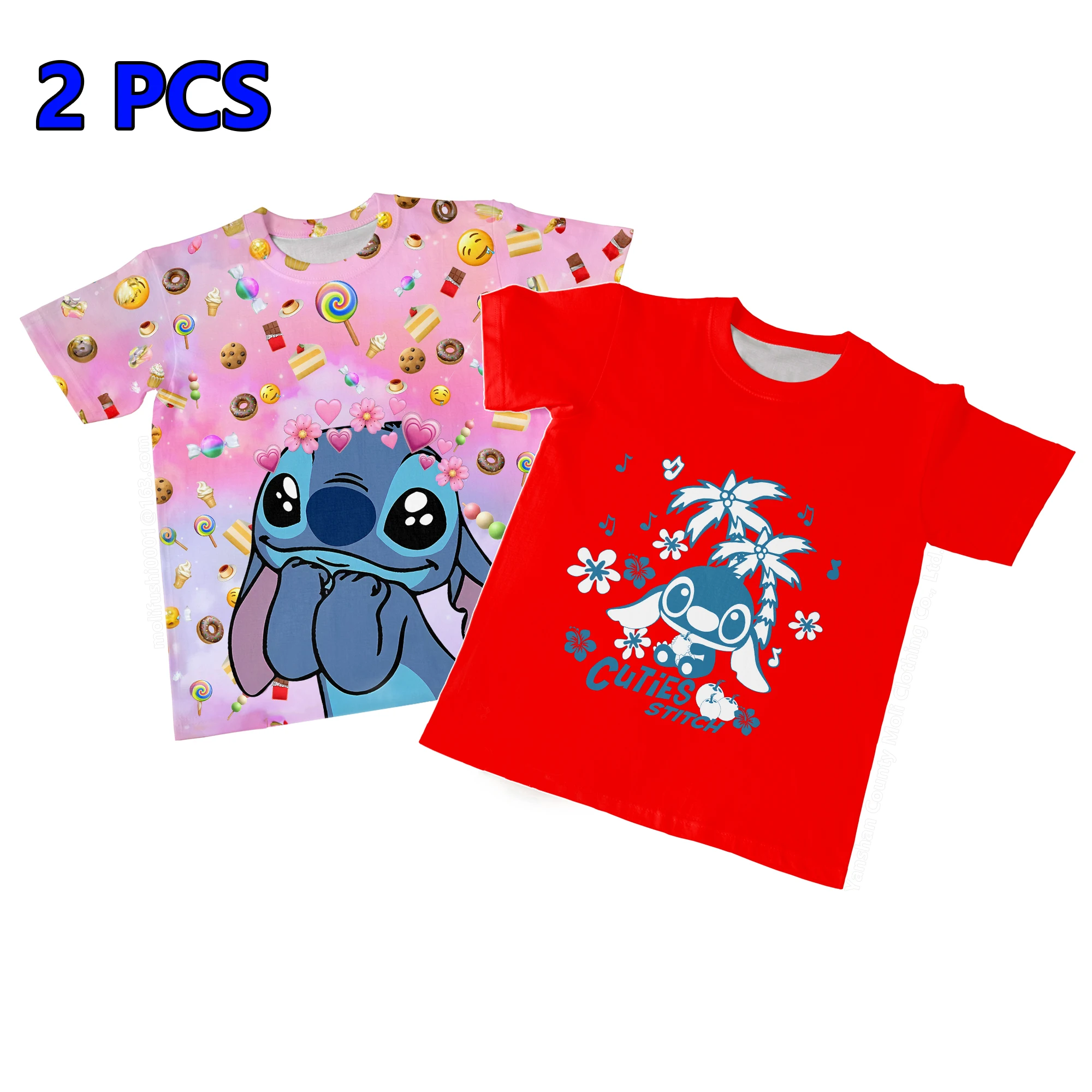 2-delig Disney Stitch T-shirt voor kinderen Cartoon 3D-bedrukte korte mouw Meisjes Leuke top Jongens Veelzijdige vrijetijdskleding Mooie T-shirts