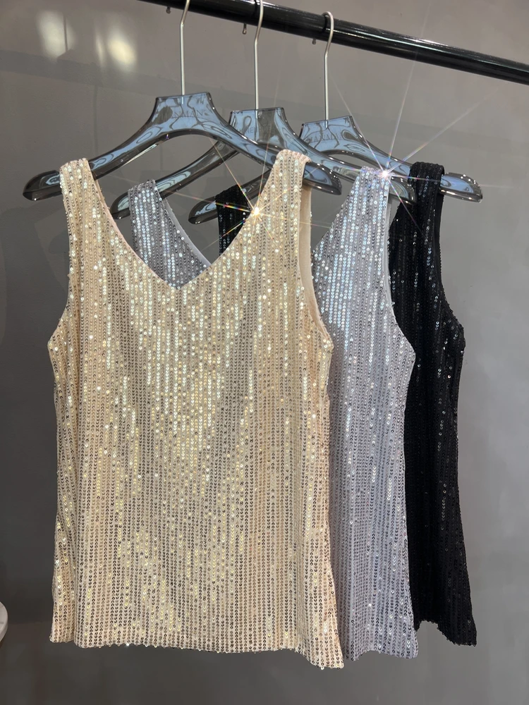 2024 New European and American Sequined V-neck Vest Worn Inside A Suit Bottoming Shirt and Worn Outside A Sparkling Top
