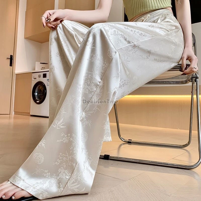 Pantalon en Satin Imprimé de Style Chinois, Nouveau Design à la Mode, Polyvalent, Jambes Larges, à Lacets, Ample, Confortable, Doux, 2024