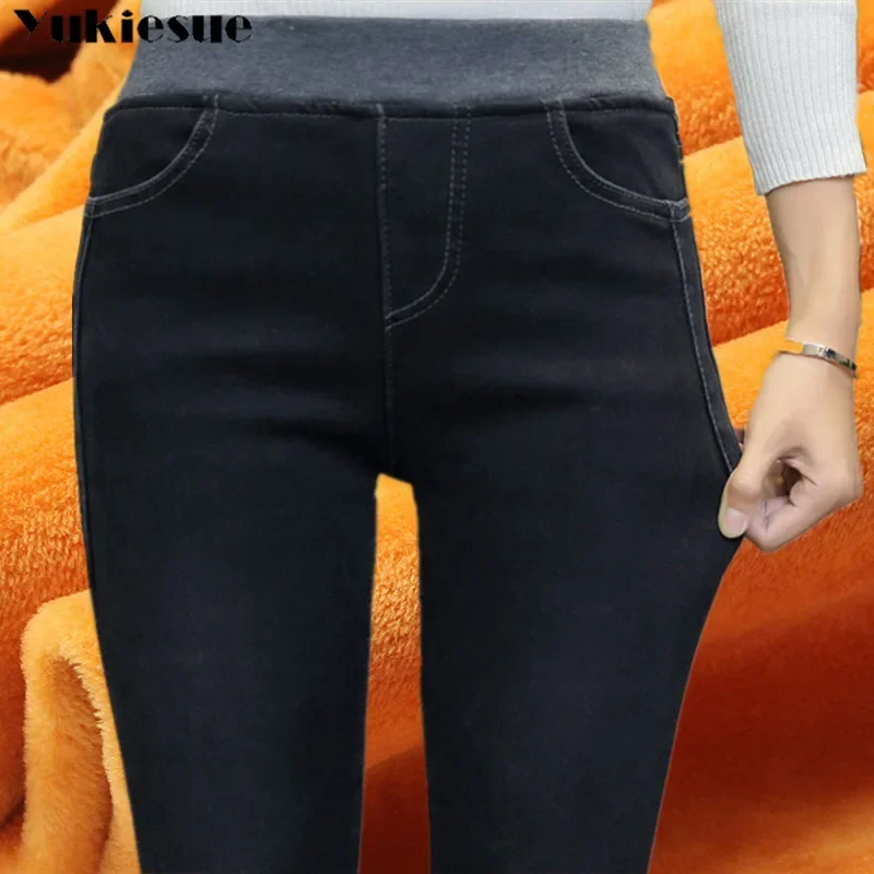 Hot clothe 34 Winter Jegging Jeans Fleece Warm Women Casual Pencil Pant Black Blue Long Slim Trousers Female Femme Pantalon