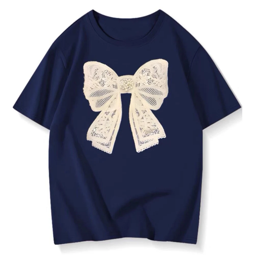 T-shirt con perline ricamate con fiocco che borda Top estetico Y2K XL Harajuku Lady Tees Articolo nuovo di zecca Top stile casual