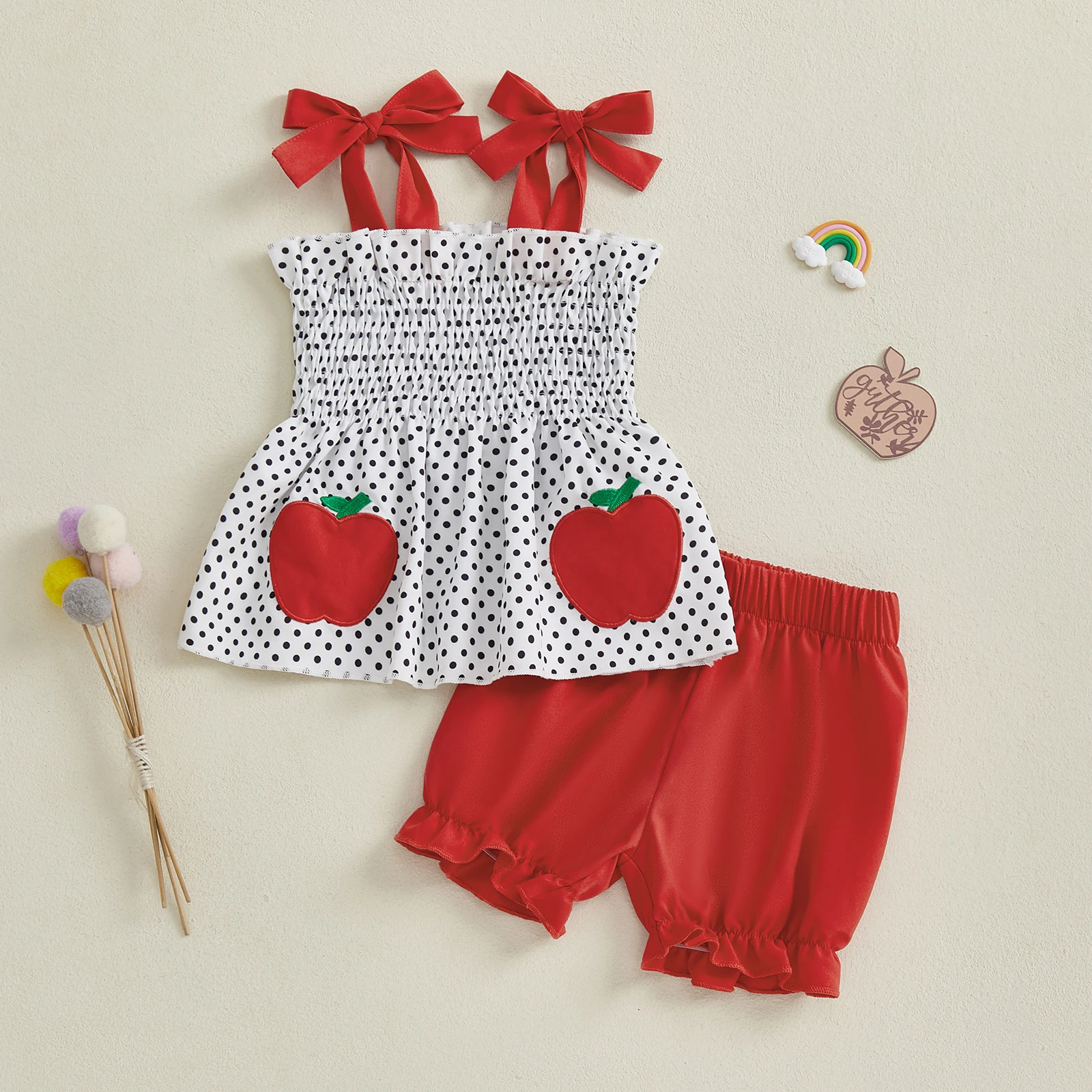 

Kid Girl Summer Clothes Dot Print Smocked Tie-up Strap Camisole + Solid Color Shorts Cute 2 Pcs Set for 2 to 7 Years
