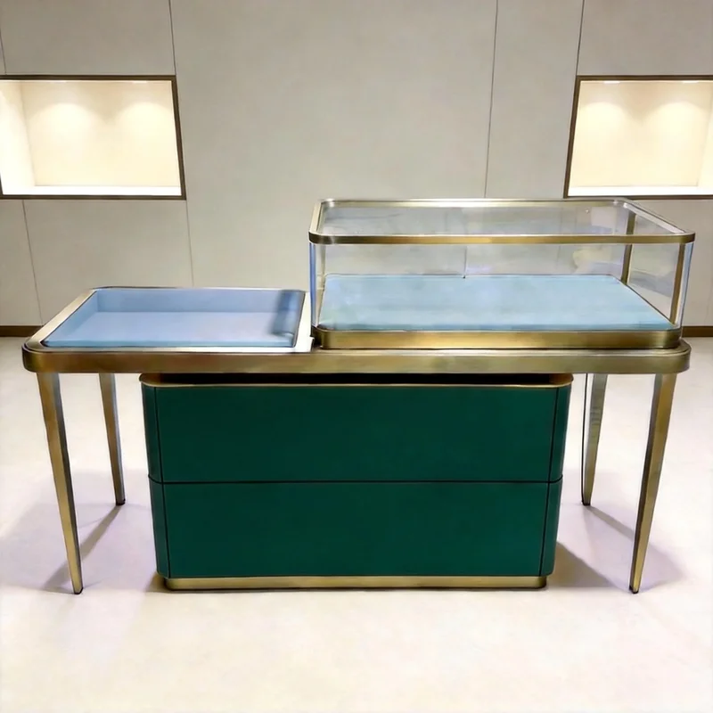 custom.Luxury L-Shaped Glass Top Jewelry Display Counter Dark Wood Matte White Two-Tone Integrated Showcase Retail Boutique Rece