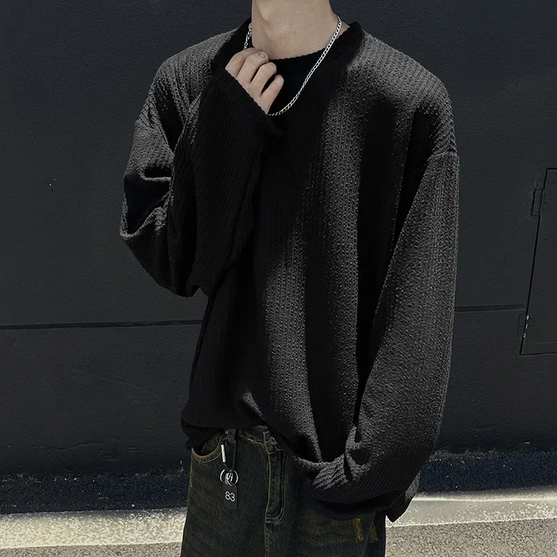 Prowow New Long Sleeved T-shirts with Lazy Drape and Loose Round Neck T-shirt Top for Men Harajuku