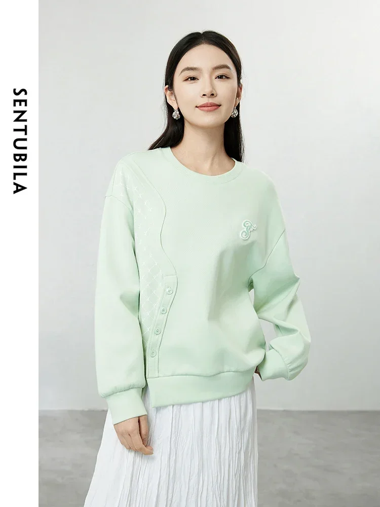 SENTUBILA Casual Oversized Cotton Sweatshirt for Women 2024 Autumn New O-neck Button Printing Drop Long Sleeve Tops 141A53412