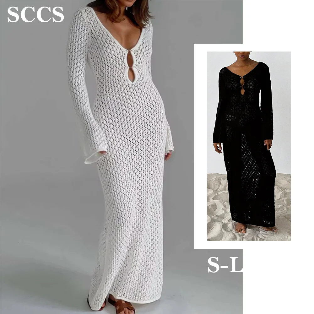 

2024 New Women's Solid Color Sexy Knitted Hollow Beach Skirt Fashion Resort Backless V-neck Long Dress Black and White