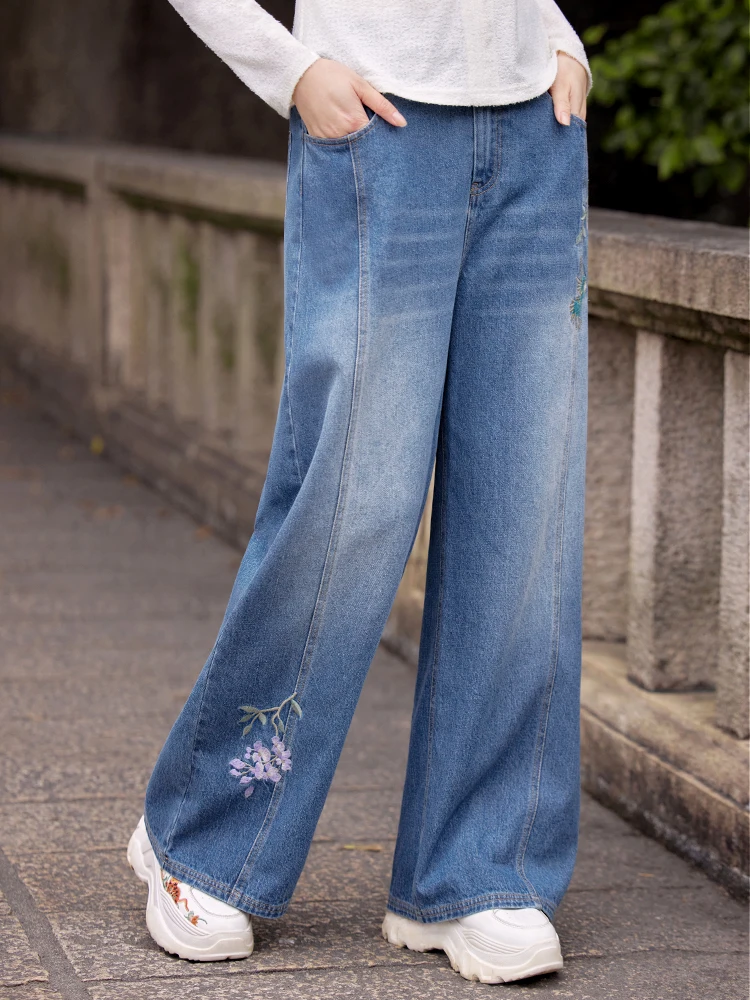 

Floral Embroidery Heavy Du Waed Straight Leg Jeans Women's Premium Quali Chinese Sle Floral Design Spring Season