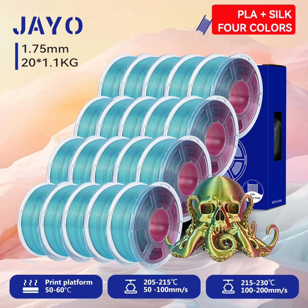 JAYO 20 Rollen 3D Zijde PLA Filament Vierkleurig PLA Plus 3D Printer Filament 1.75mm Glanzende Zijdetextuur 4-in-1 Kleurenfilament